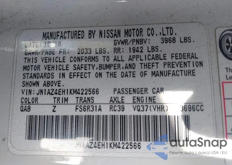 2019 Nissan 370Z Nismo z USA, uszkodzony, nr VIN JN1AZ4EH1KM422566